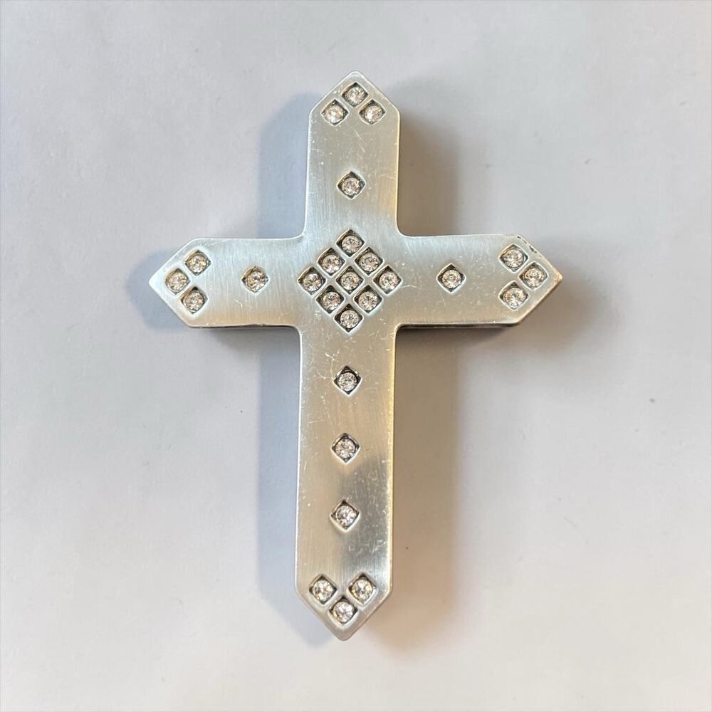 Vintage JJ Silver Tone Rhinestone Cross Brooch Geometric Modernist Pin